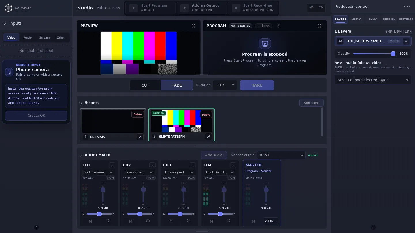 Callaba Video Mixer: SMPTE scene in Preview, Program controls, scene list and audio mixer