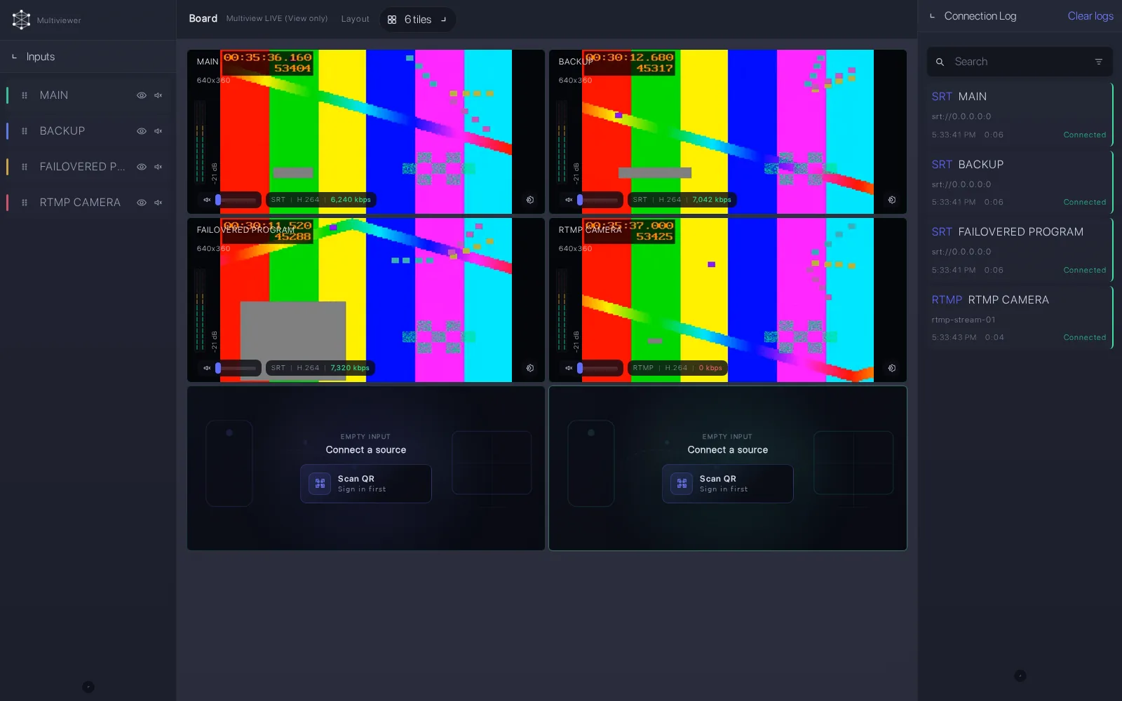 Callaba Multiview showing several live sources