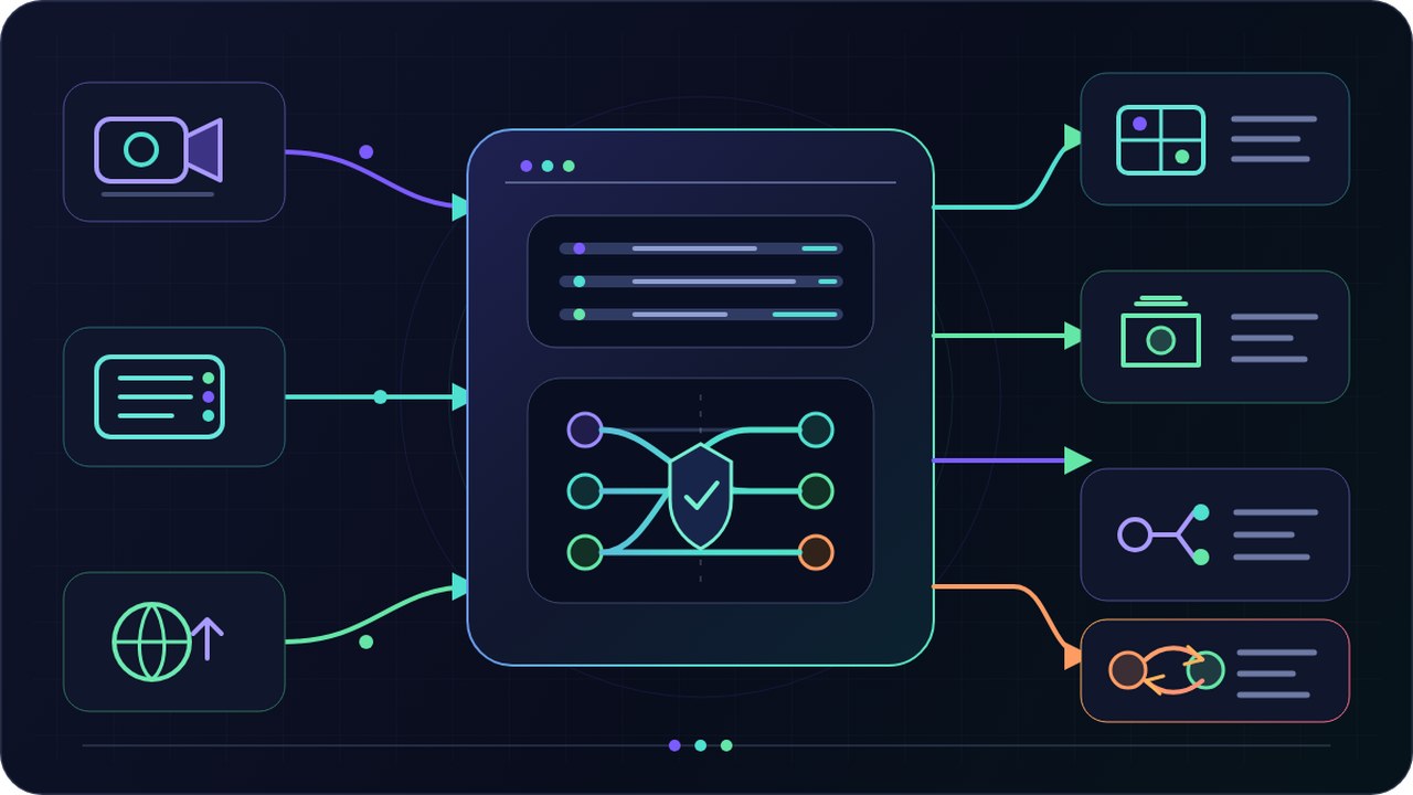Diagramm: Kamera-, Encoder- und Remote-Signale erreichen Callaba SRT Gateway und verzweigen zu Multiview, Aufzeichnung, Protokollausgaben und Failover.